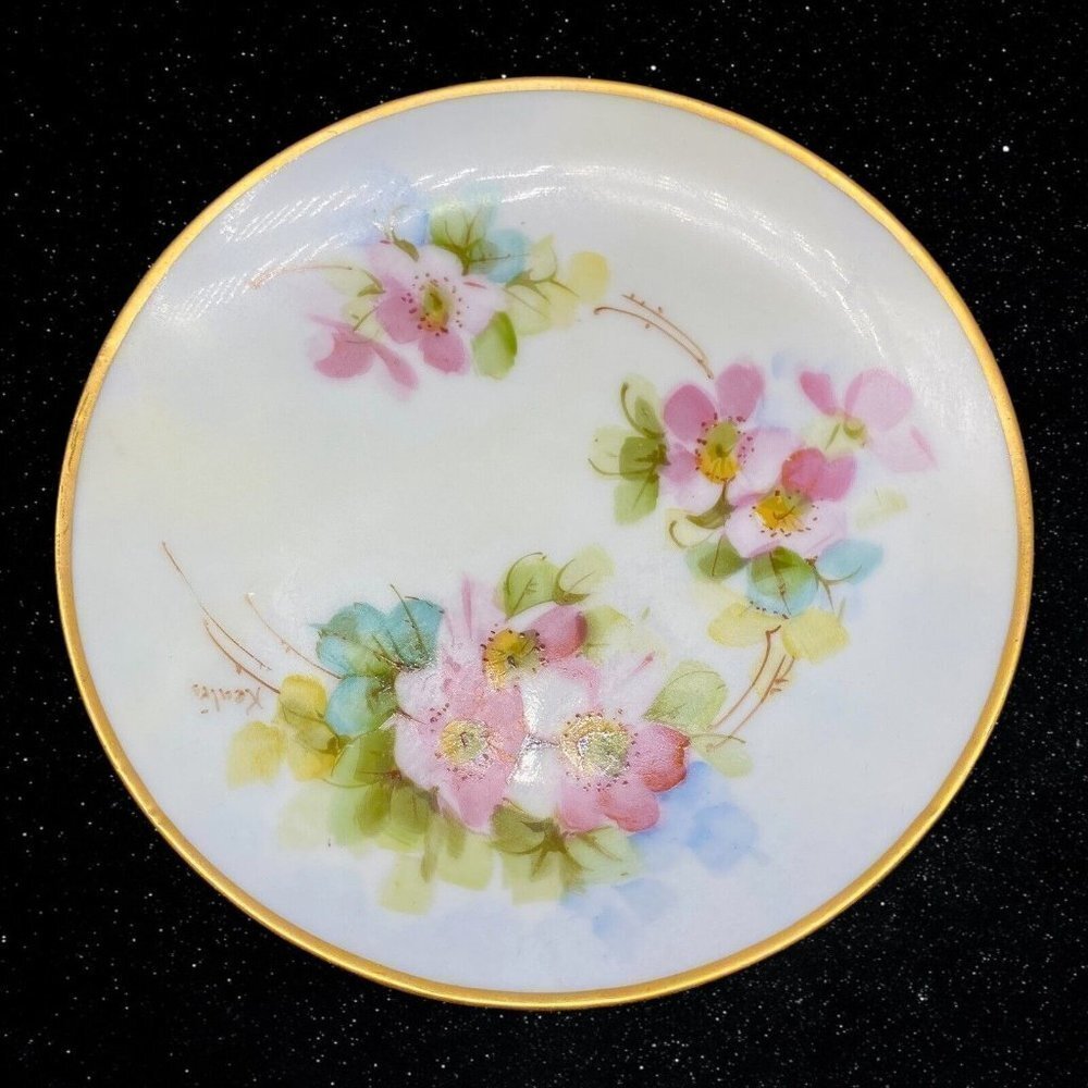 Antique Thomas Bavaria Hand Painted Pink Floral‎ Plate 6”